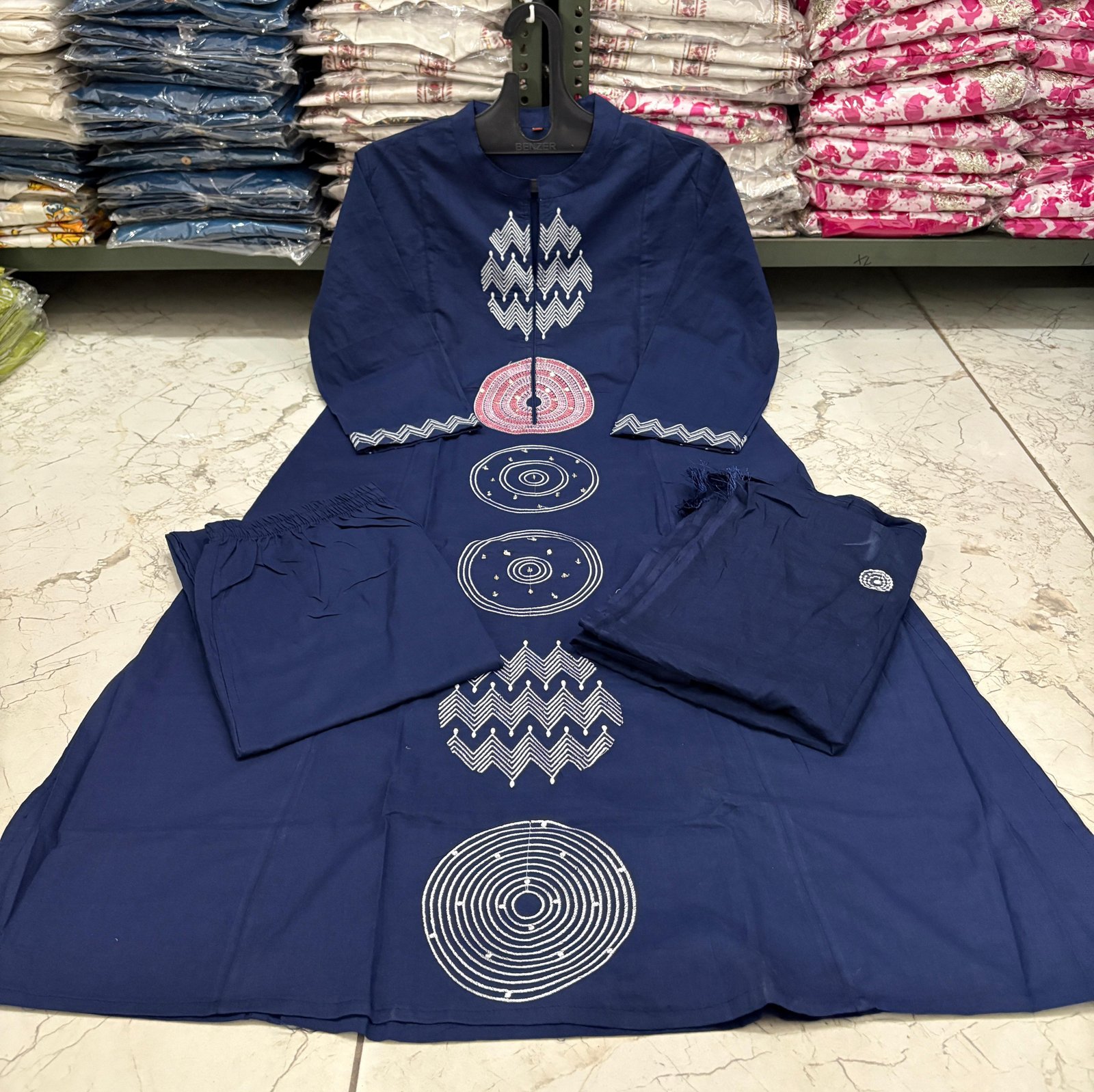 Blue Jaipuri Cotton A-Line Suit with Embroidered Dupatta